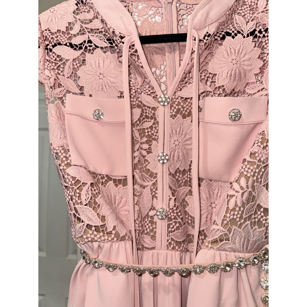 Self-Portrait Pink Lace Crystal Button Mini Dress US 10 UK 14 - Picture 7 of 9